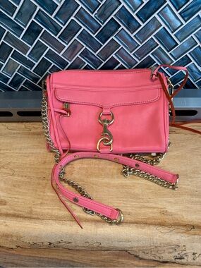 Rebecca Minkoff Coral Pink Leather Mini Crossbody with Gold Chain